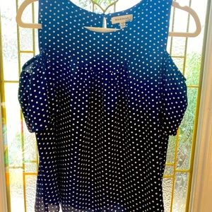 Women’s blue with white Polka dots, medium tunic cold shoulder.